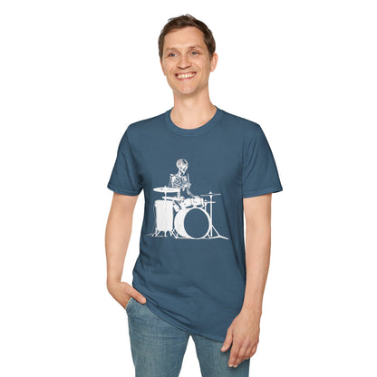 Skeleton silhouette playing drums in a circular background graphic.