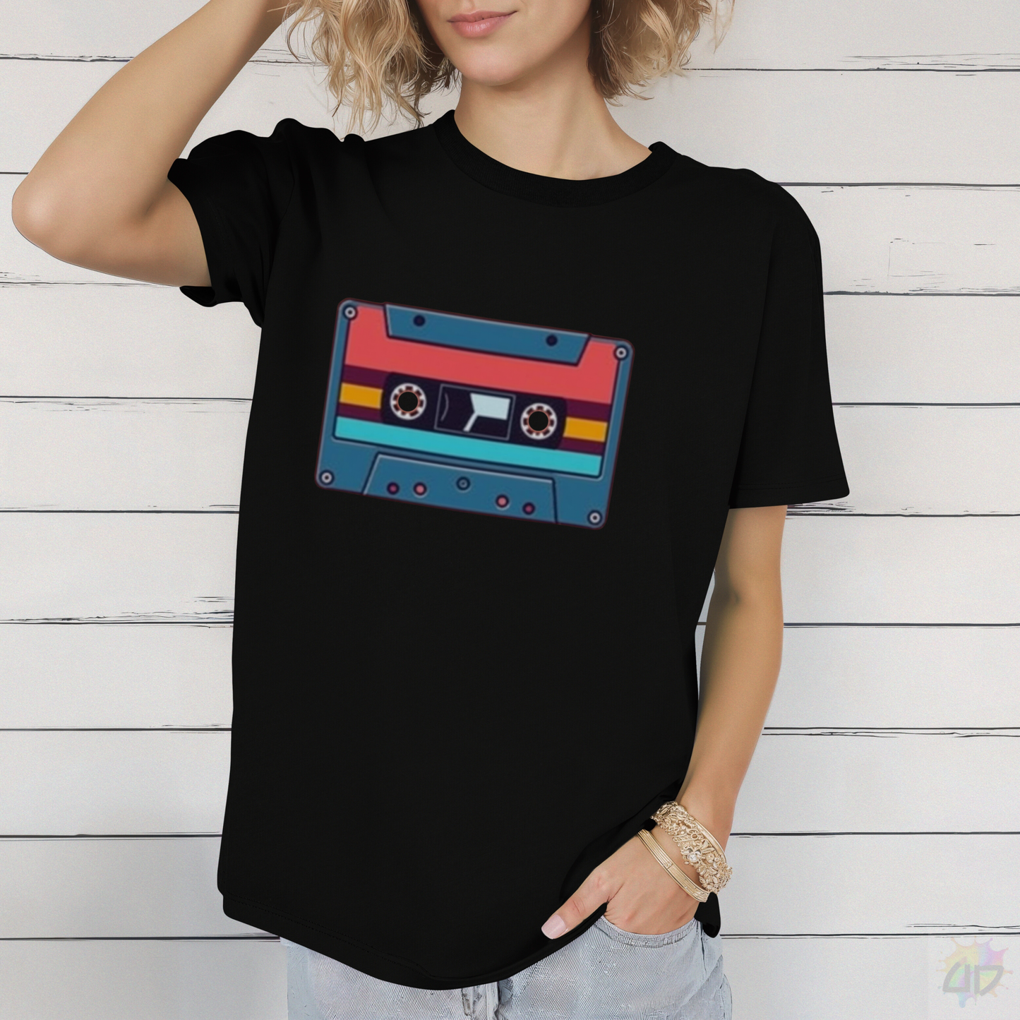 Retro Red and Blue Cassette Tape Graphic Tee.