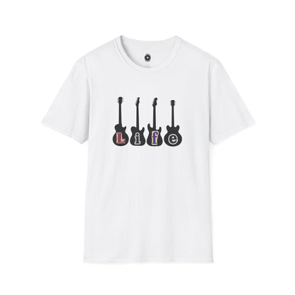 "Life" in four white guitar silhouettes