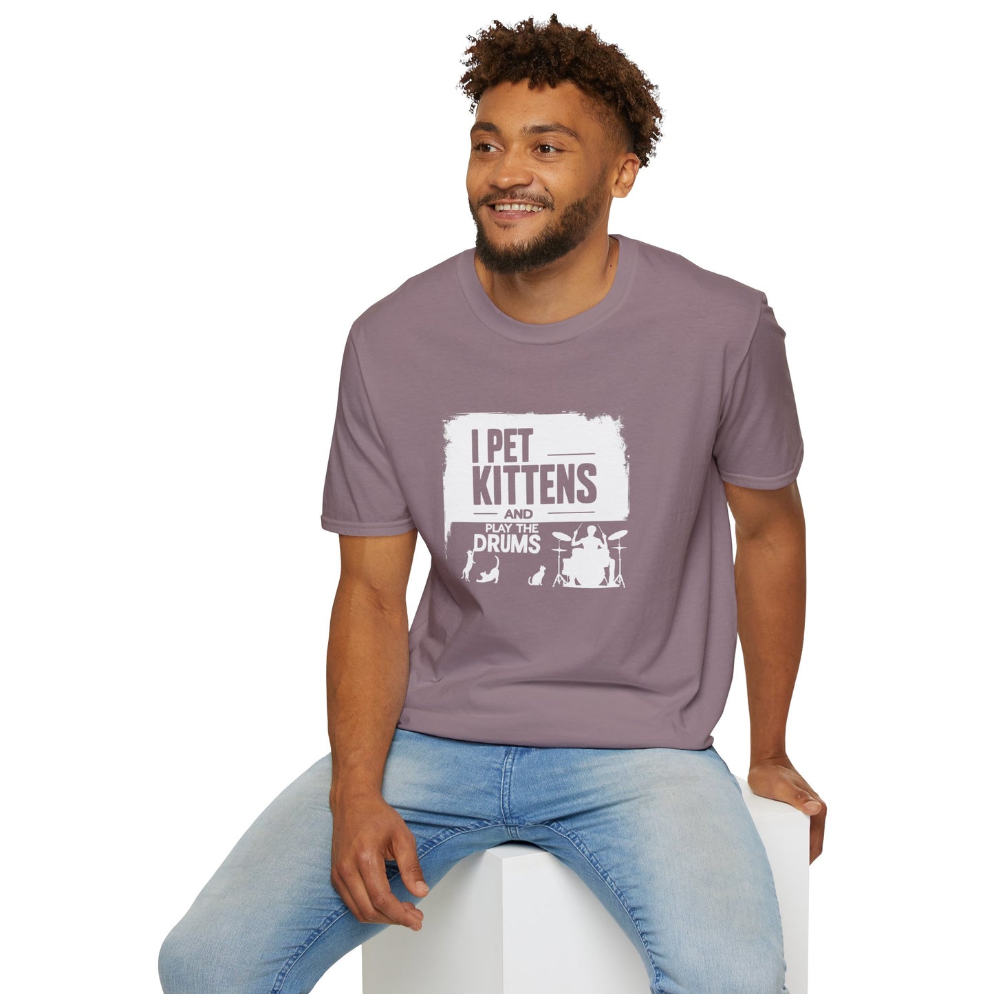 "I pet kittens and play the drums" in highlight graphic tee.