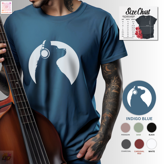 Silhouette of Puppy wearing headphones in a circular style graphic.