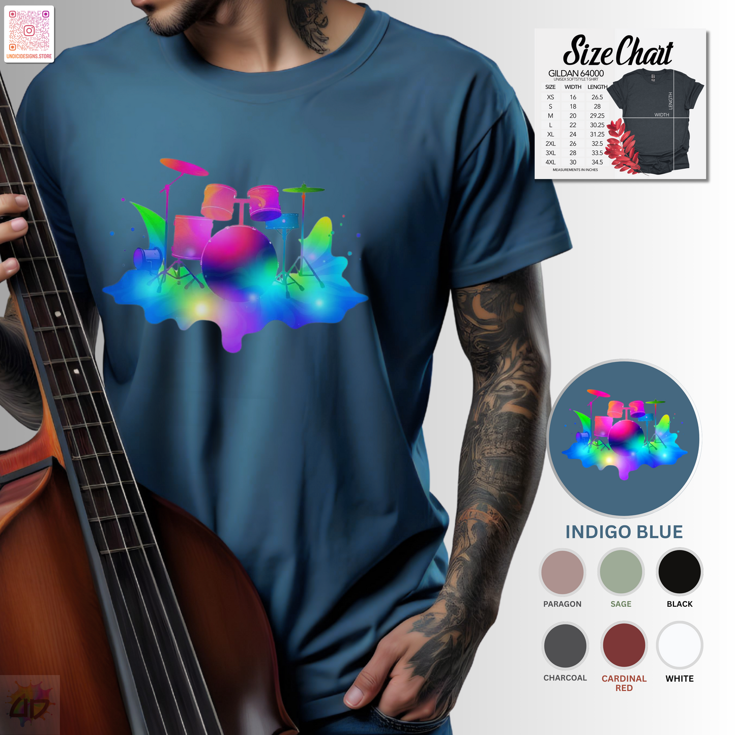 Colorful drum set in a vibrant splash graphic tee.