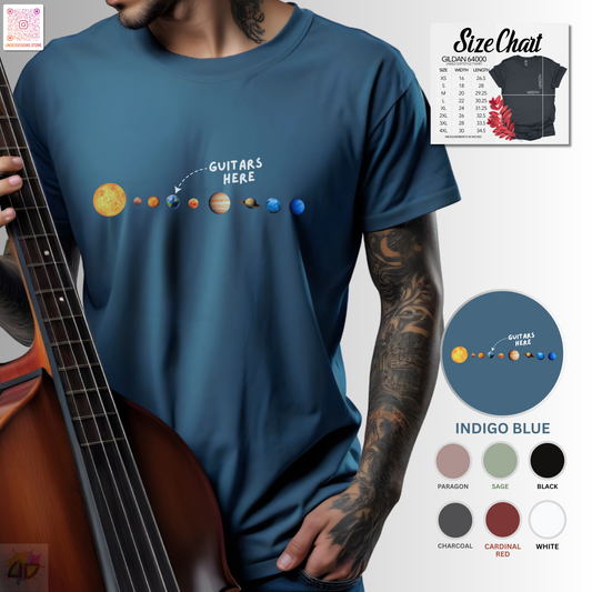 "Guitars Here" vertical solar system graphic tee.