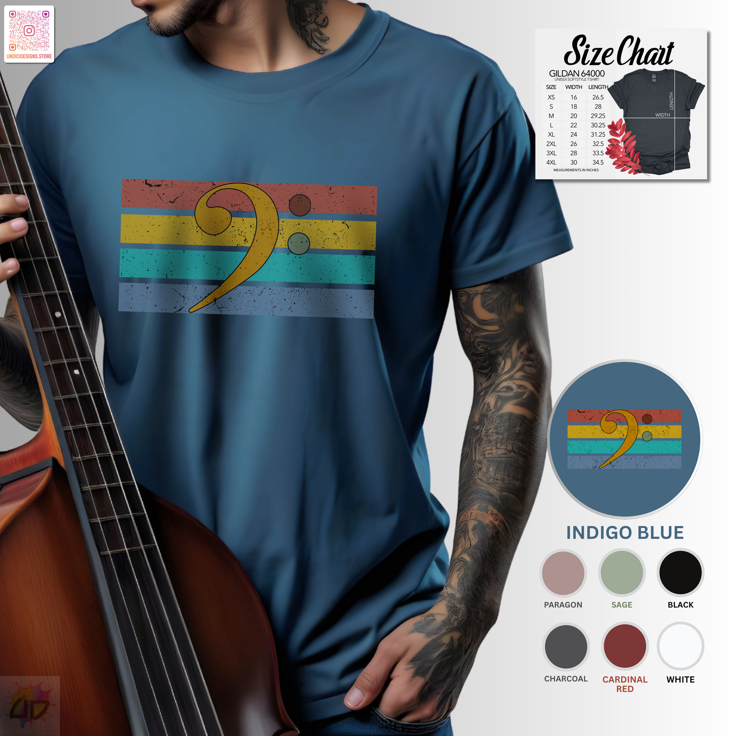 Multi-colored Bass clef on a retro-sunset graphic tee.