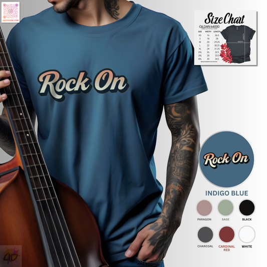 "Rock On" in vintage type graphic tee.