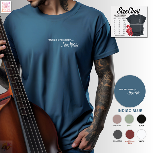 "Music is my religion" J. Hendrix. quote pocket graphic tee.