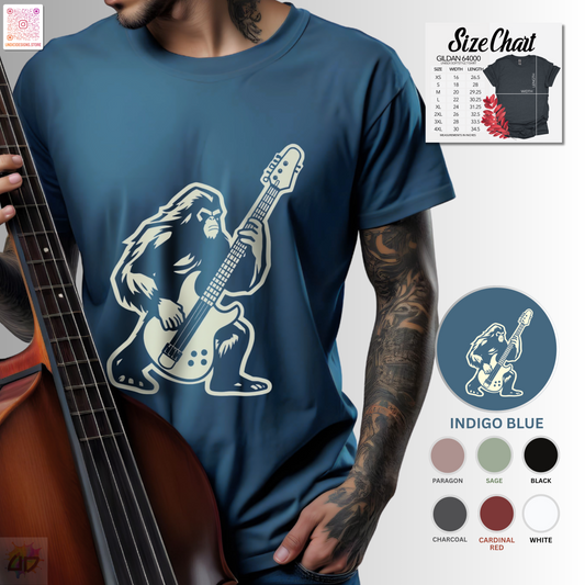 Bass-squatch silhouette in a cream-colored graphic tee.