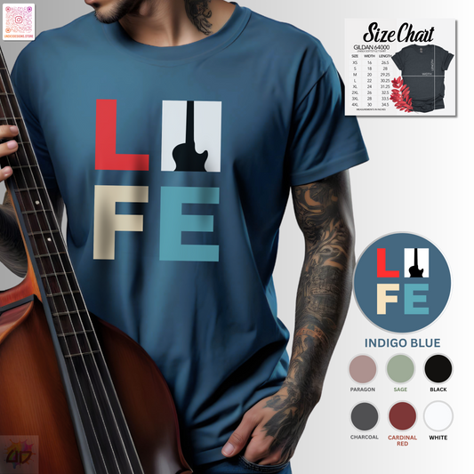 "LIFE" in color with guitar graphic tee.