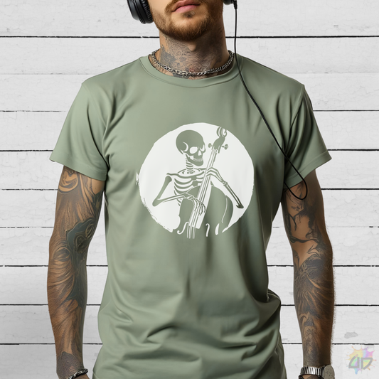 Skeleton Playing Upright Bass in a Circular Graphic Tee.