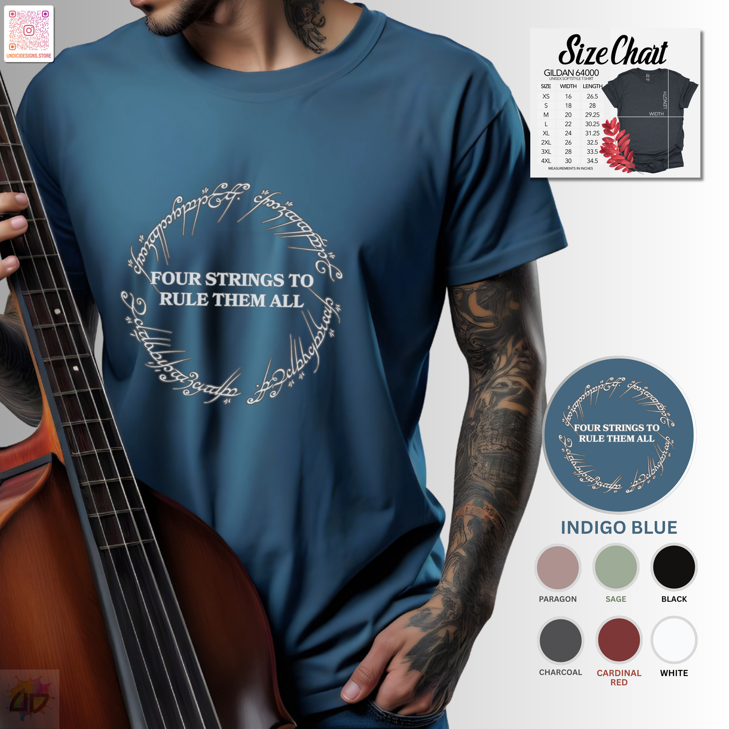 "Four strings to rule them all" in a circular graphic tee.