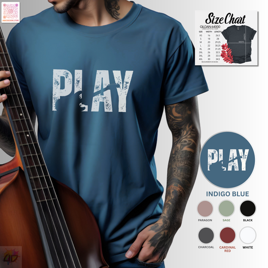 "Play" grunge graphic with guitar silhouette graphic tee.