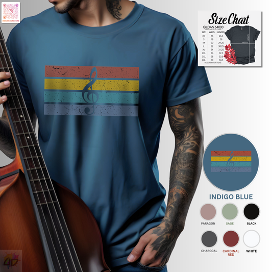 Treble clef on retro sunset graphic tee.