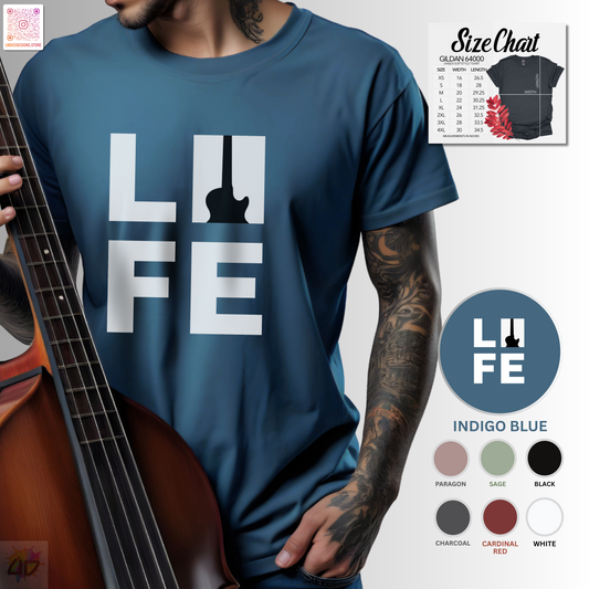 "LIFE" in a black and white box graphic tee with guitar.