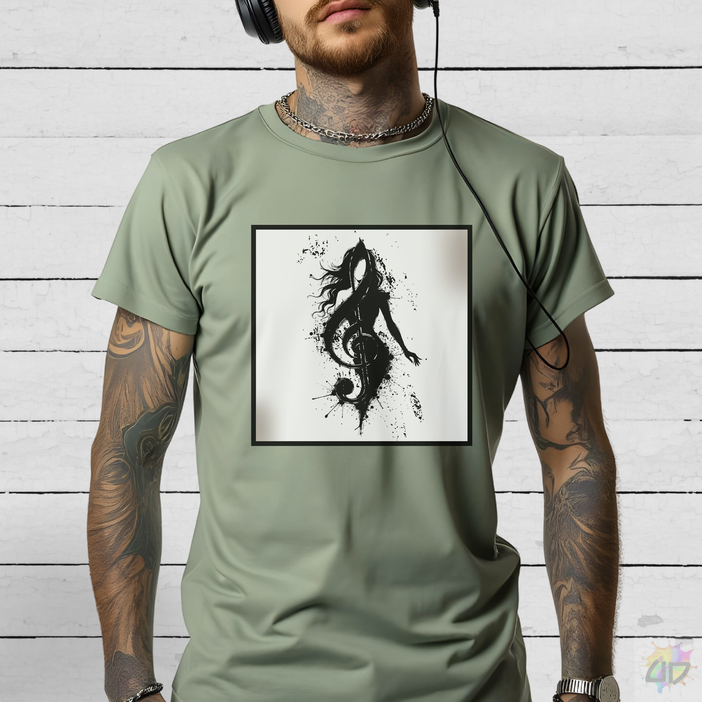 Treble clef in woman's silhouette graphic on a white background.