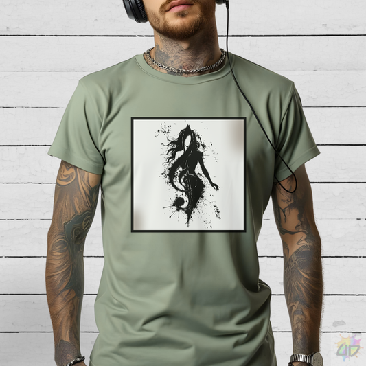 Treble clef in woman's silhouette graphic on a white background.