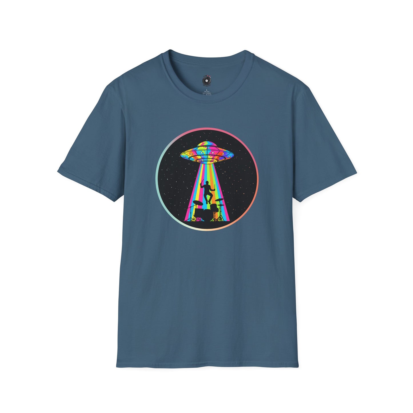 Drummer Being Abducted in a Colorful Beam Graphic Tee.