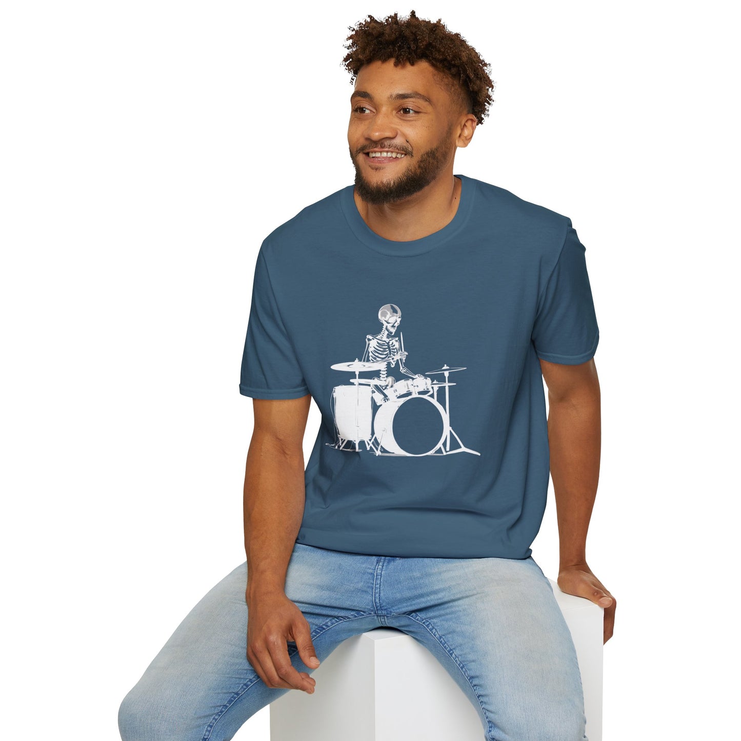 Skeleton silhouette playing drums in a circular background graphic.
