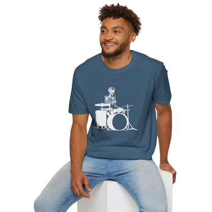 Skeleton silhouette playing drums in a circular background graphic.