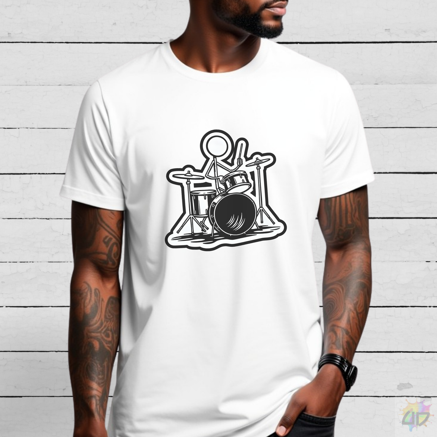 Stick Figure on Drums Graphic Tee.
