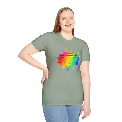 Colorful boombox in an artistic splash of paint graphic