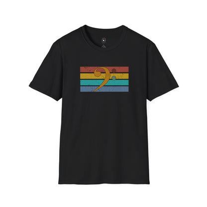 Multi-colored Bass clef on a retro-sunset graphic.