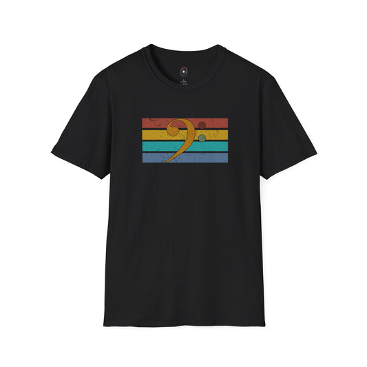 Multi-colored Bass clef on a retro-sunset graphic.