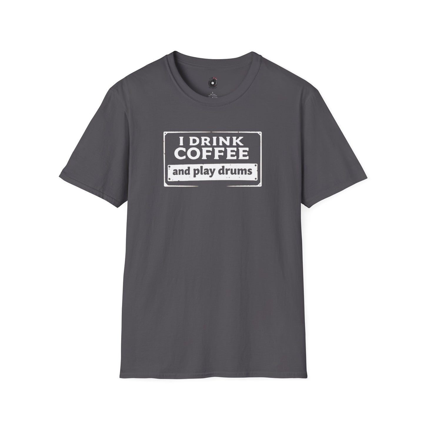 "I drink coffee and play drums" in a stamplike design