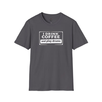 "I drink coffee and play drums" in a stamplike design