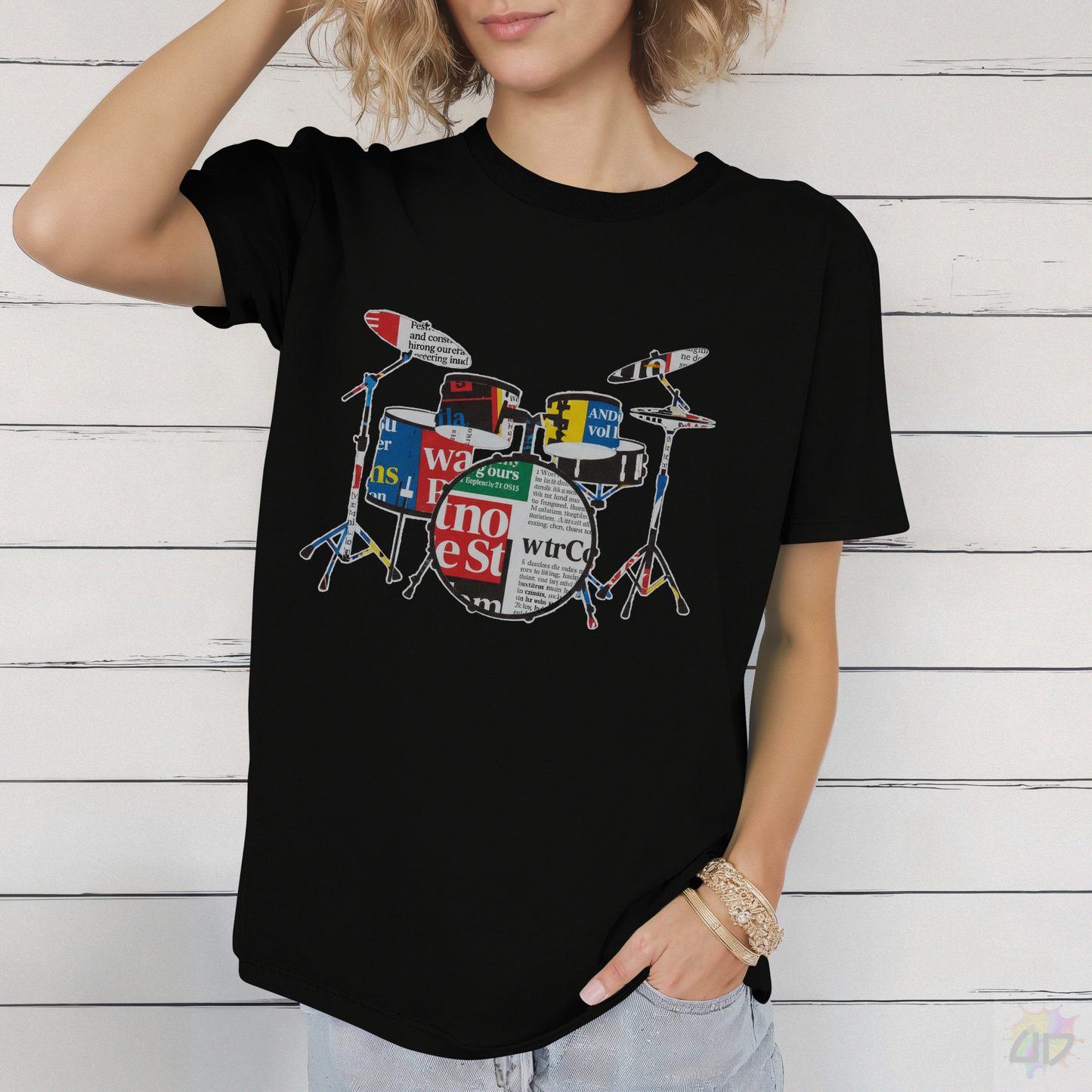 Drum Kit in Magazine Art Graphic Tee.