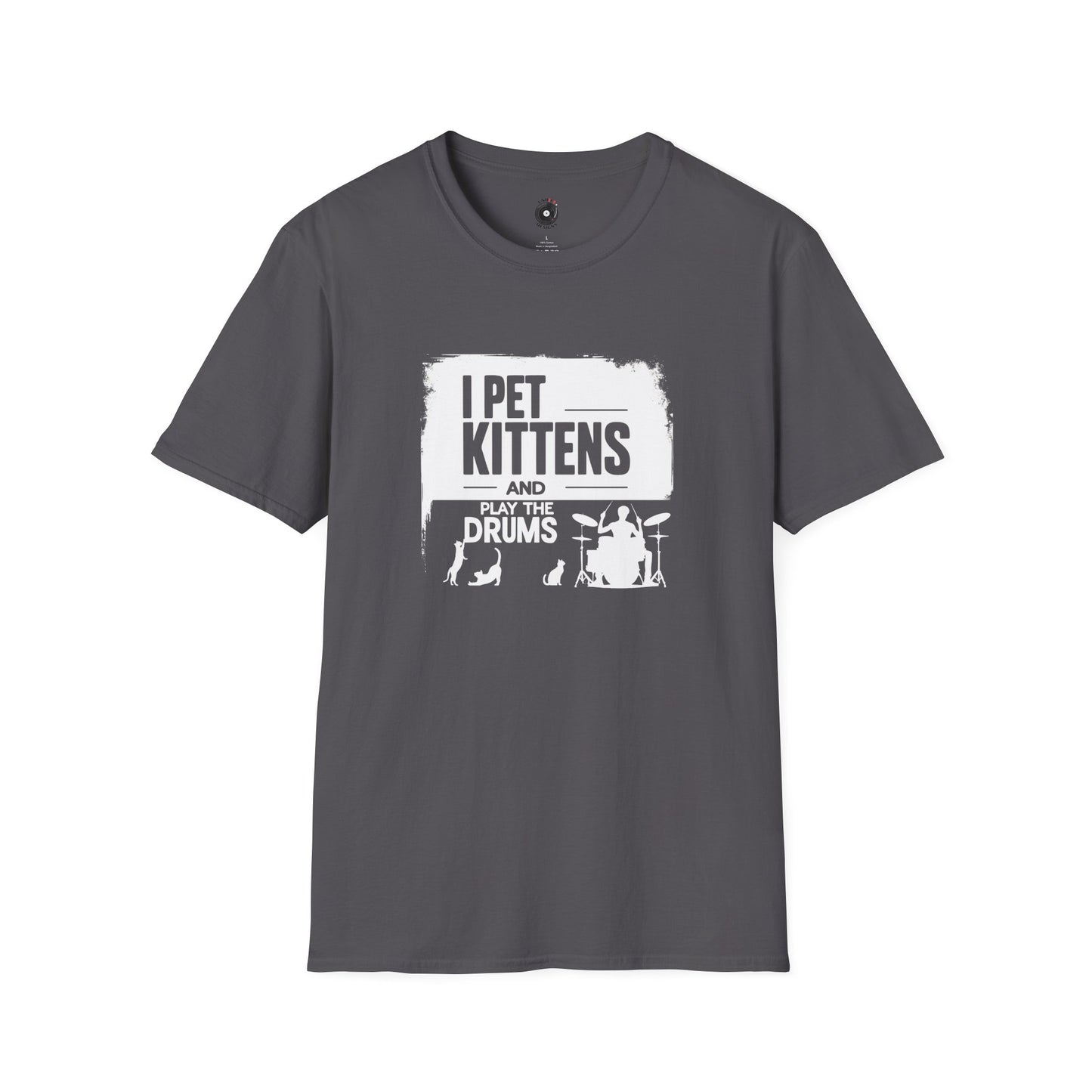 "I pet kittens and play the drums" in highlight graphic tee.