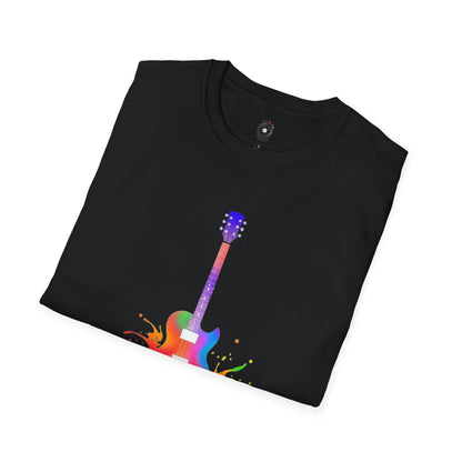 Colorful LP style electric guitar in a vibrant splash graphic.