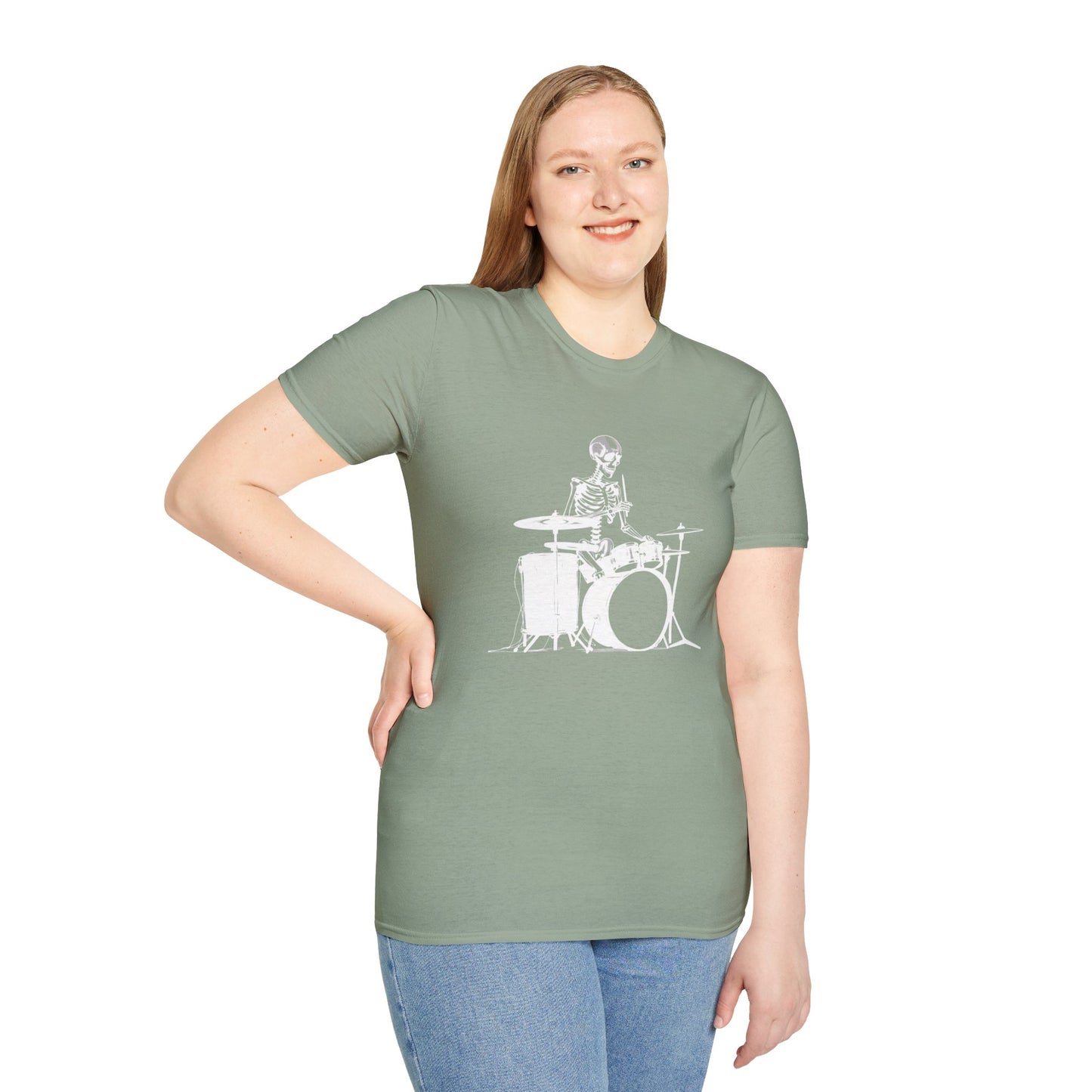 Skeleton silhouette playing drums in a circular background graphic.