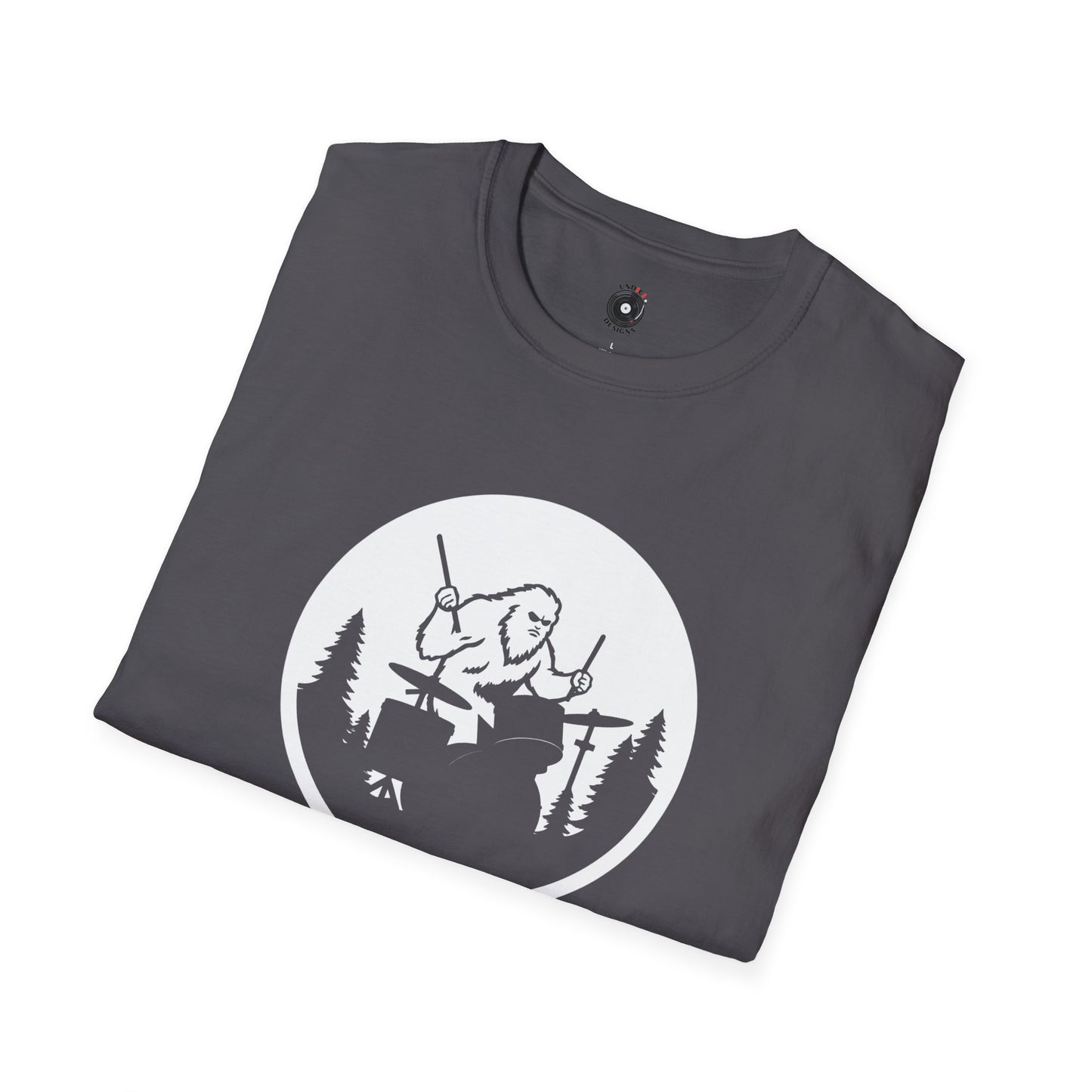 Big foot silhouette playing drums graphic.