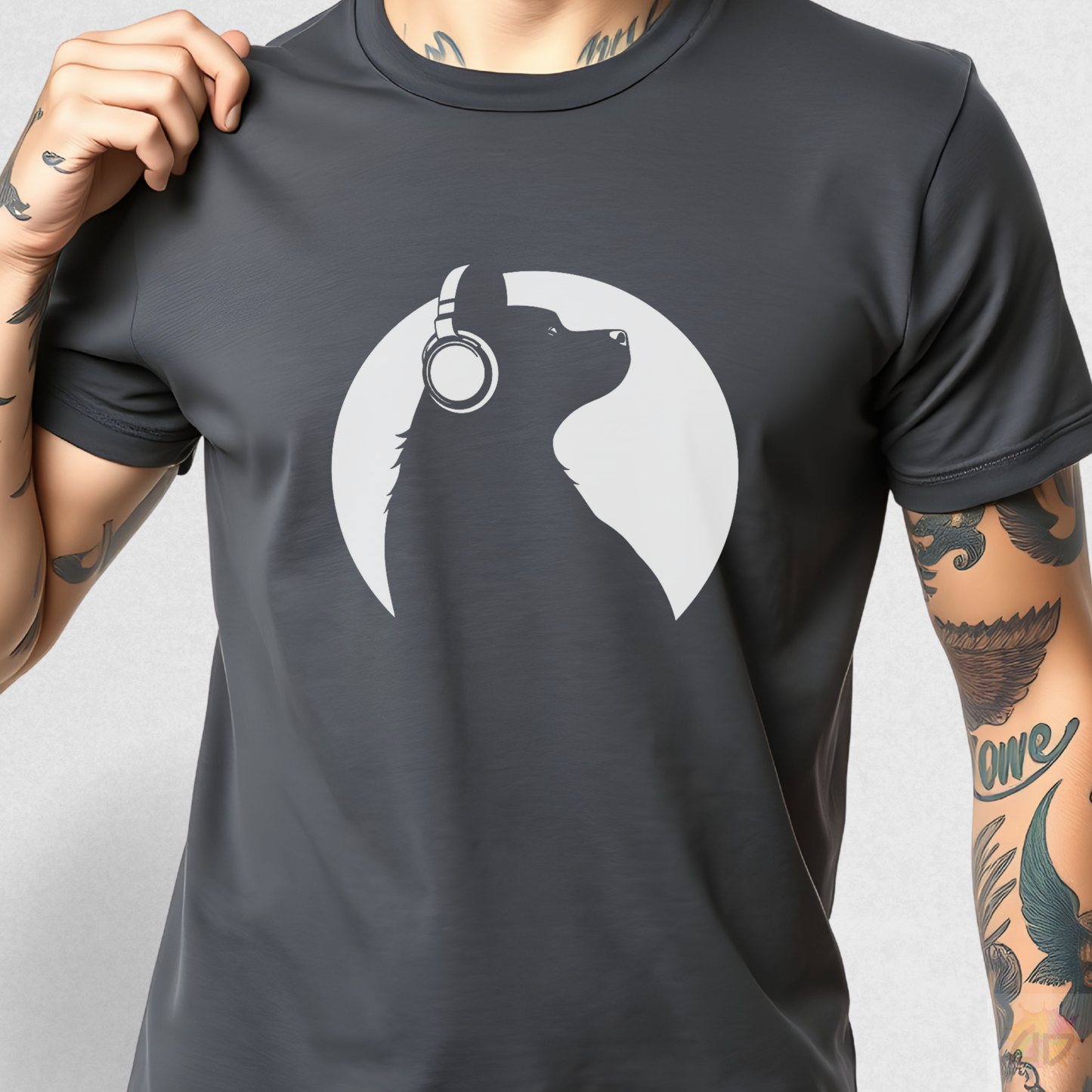 Silhouette of Puppy Wearing Headphones in a Circular Style Graphic Tee.
