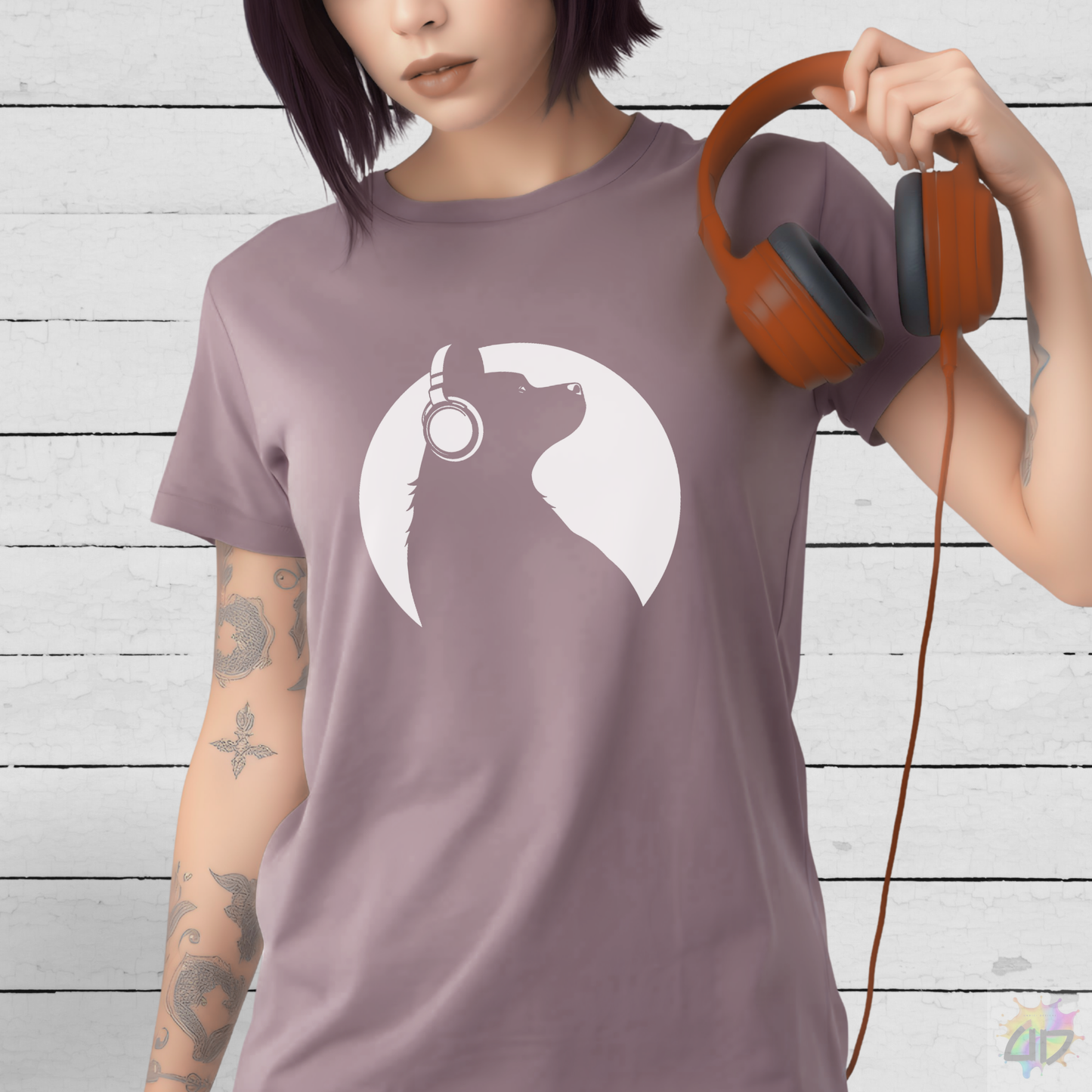 Silhouette of Puppy Wearing Headphones in a Circular Style Graphic Tee.