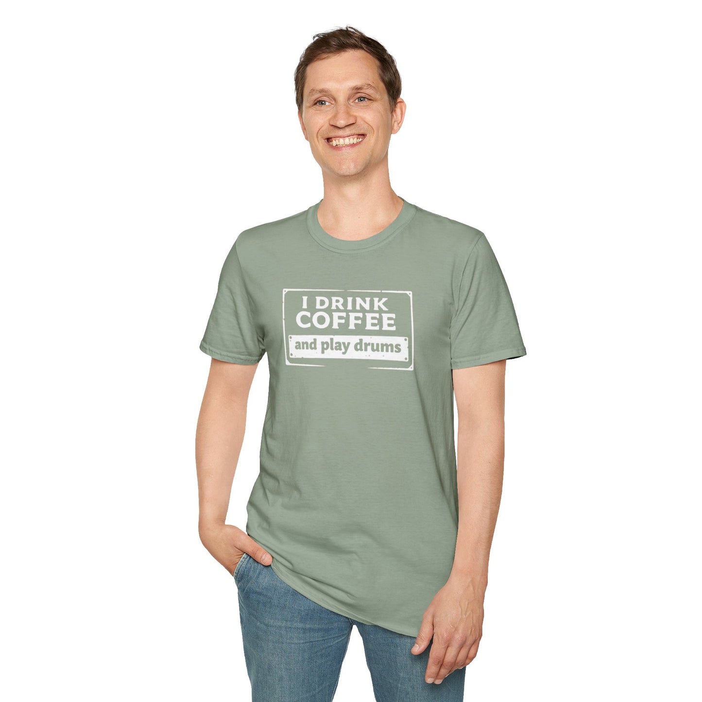 "I drink coffee and play drums" in a stamplike design