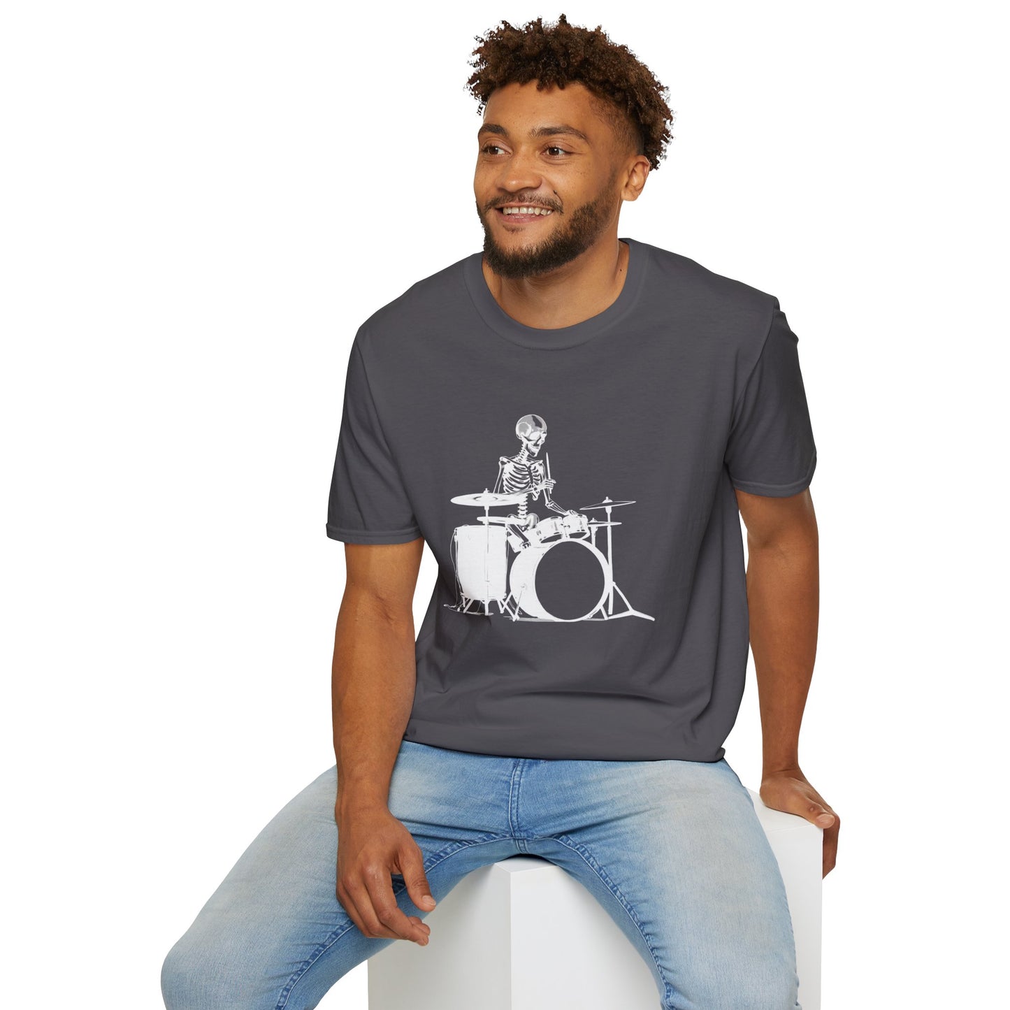 Skeleton silhouette playing drums in a circular background graphic.