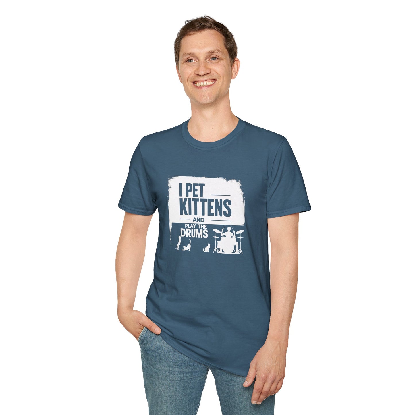 "I pet kittens and play the drums" in highlight graphic tee.