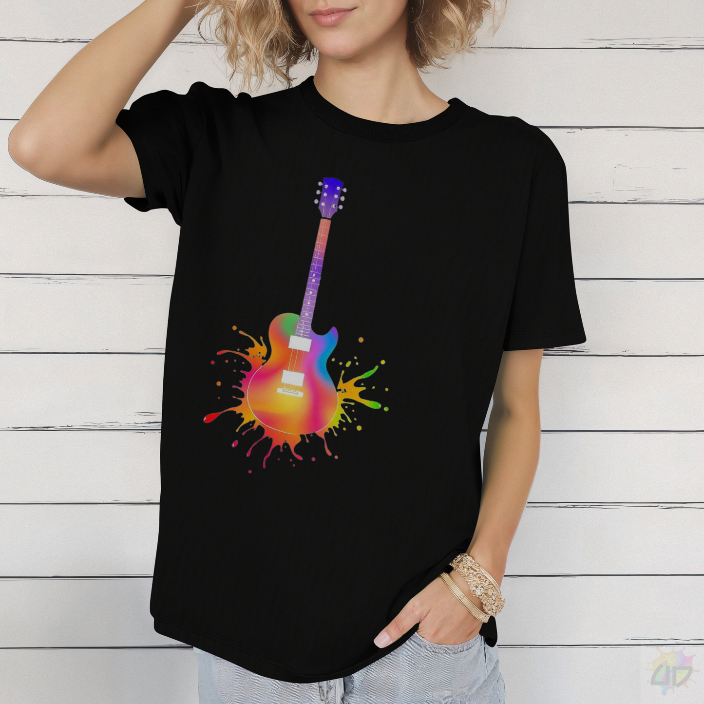 Colorful LP Style Guitar in a Vibrant Splash Graphic Tee.