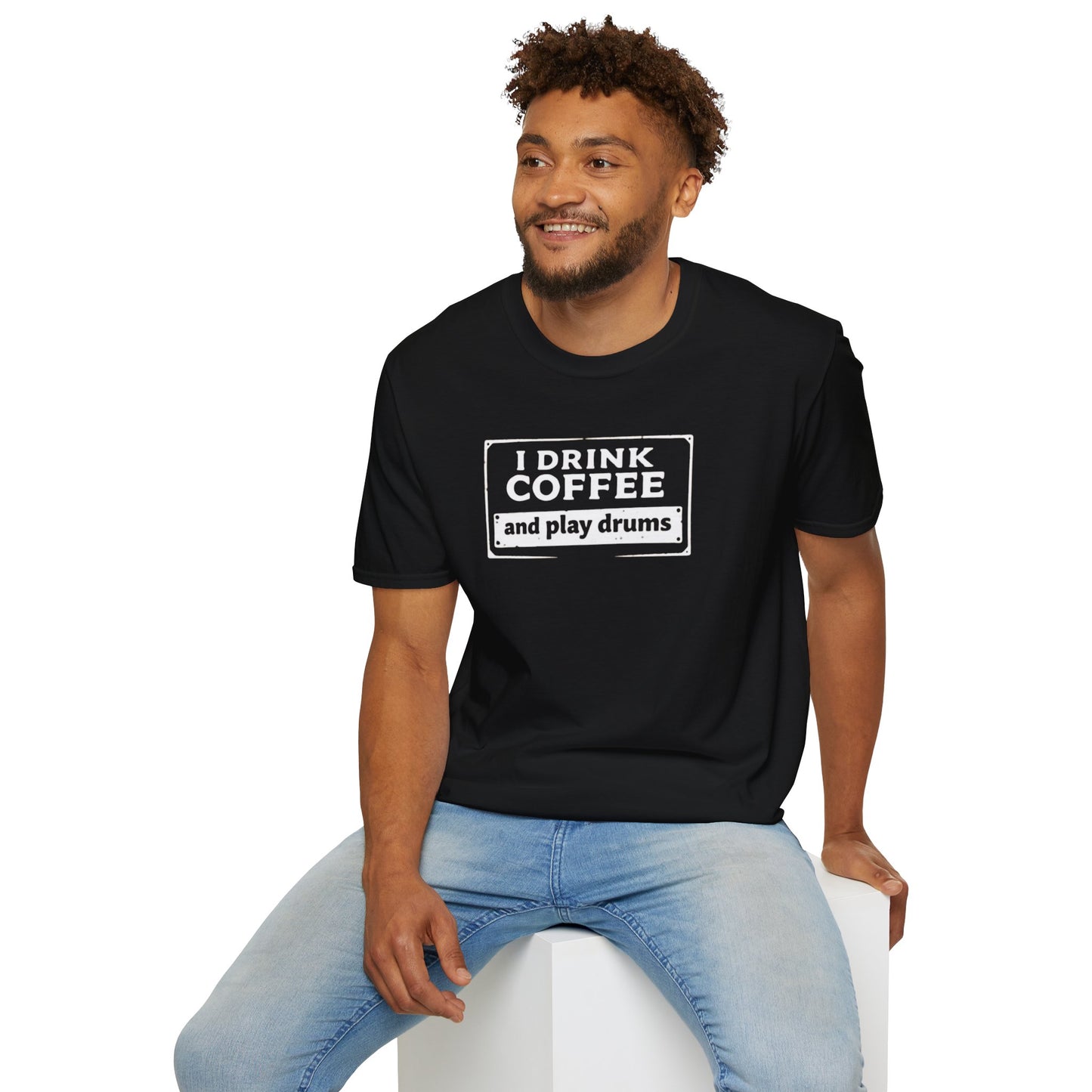 "I drink coffee and play drums" in a stamplike design