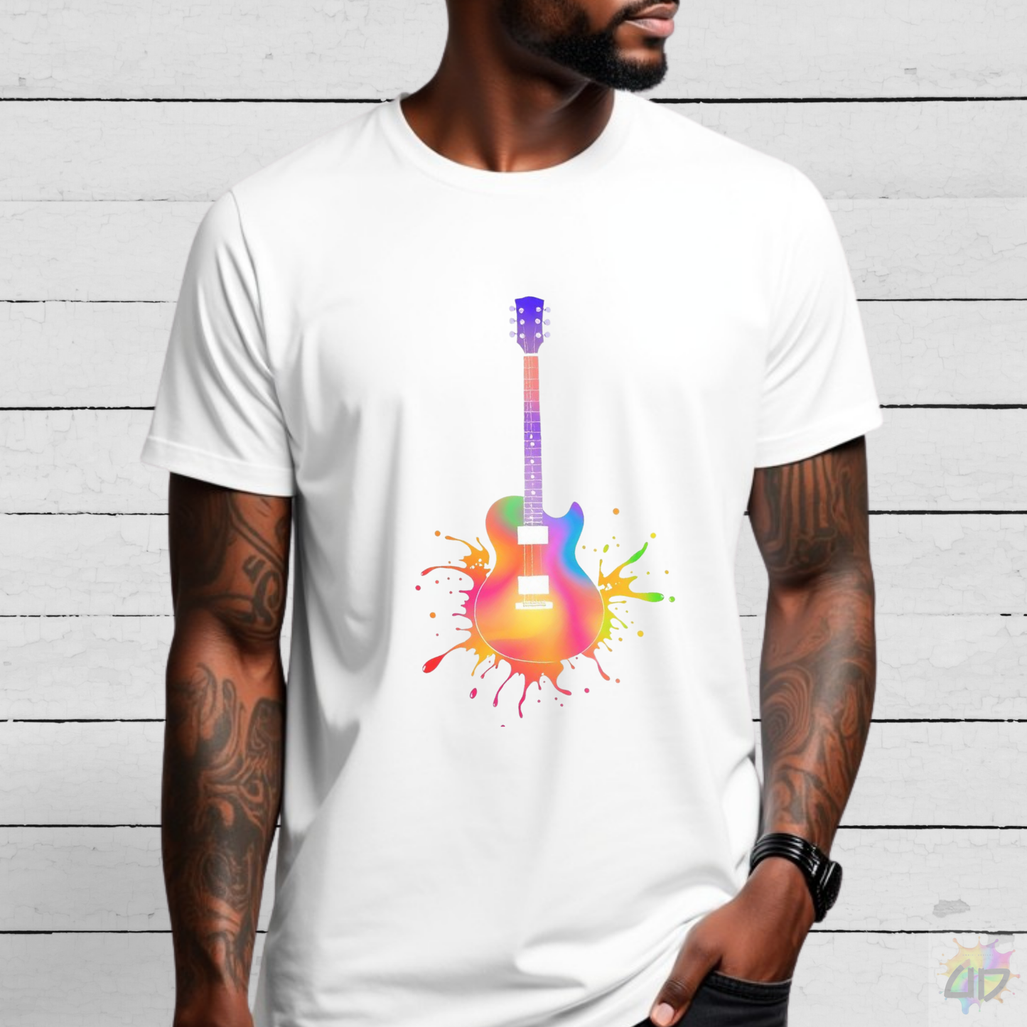 Colorful LP Style Guitar in a Vibrant Splash Graphic Tee.