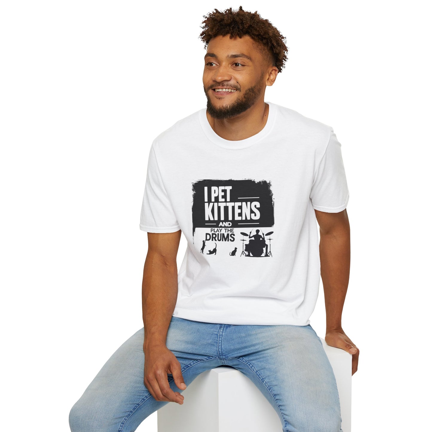 "I pet kittens and play the drums" in highlight graphic tee.