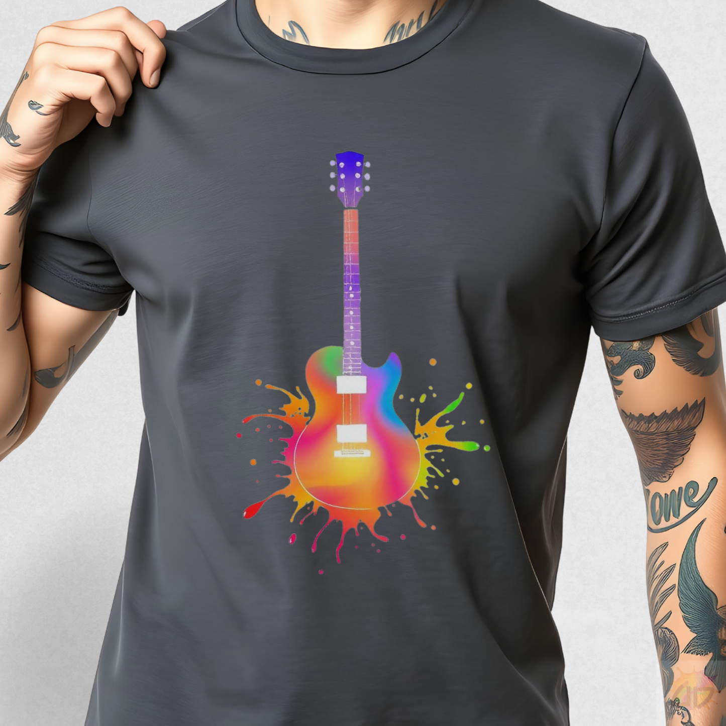 Colorful LP Style Guitar in a Vibrant Splash Graphic Tee.