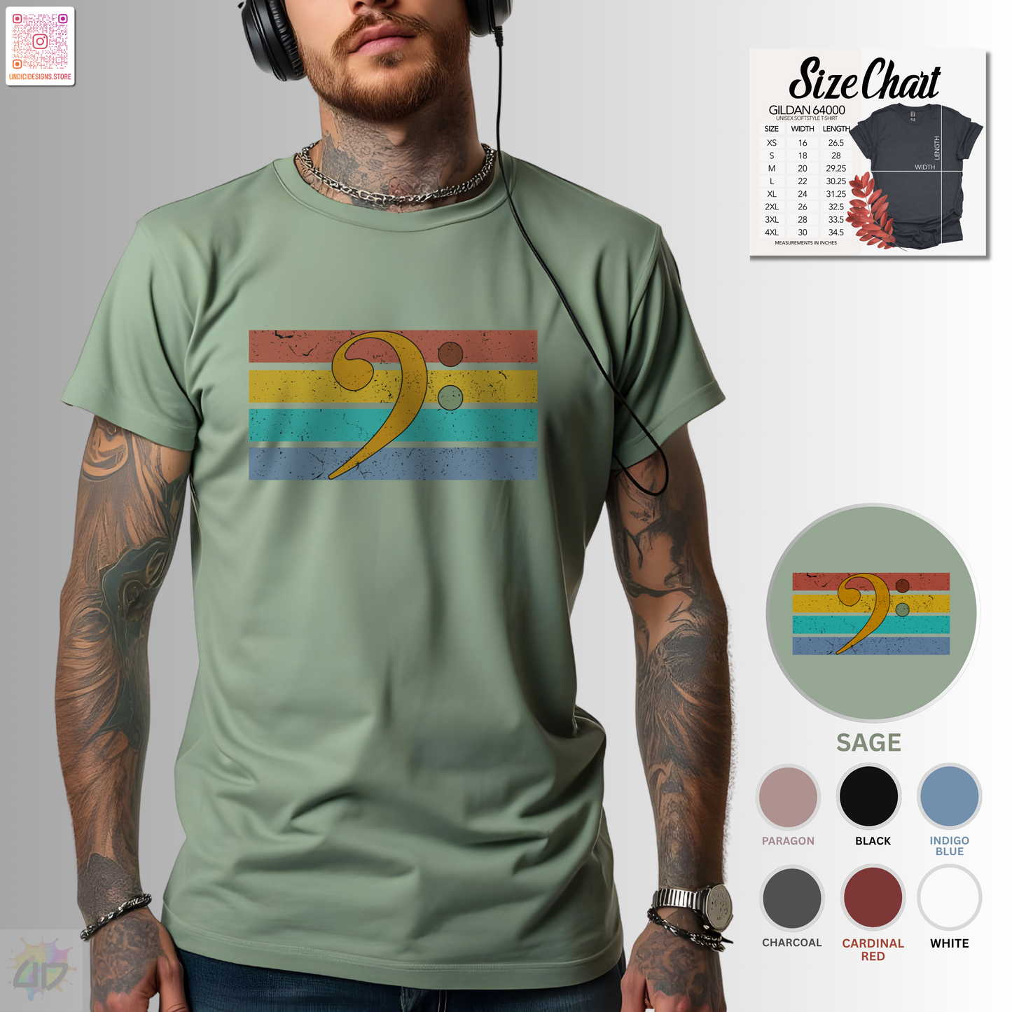 Multi-colored Bass clef on a retro-sunset graphic tee.