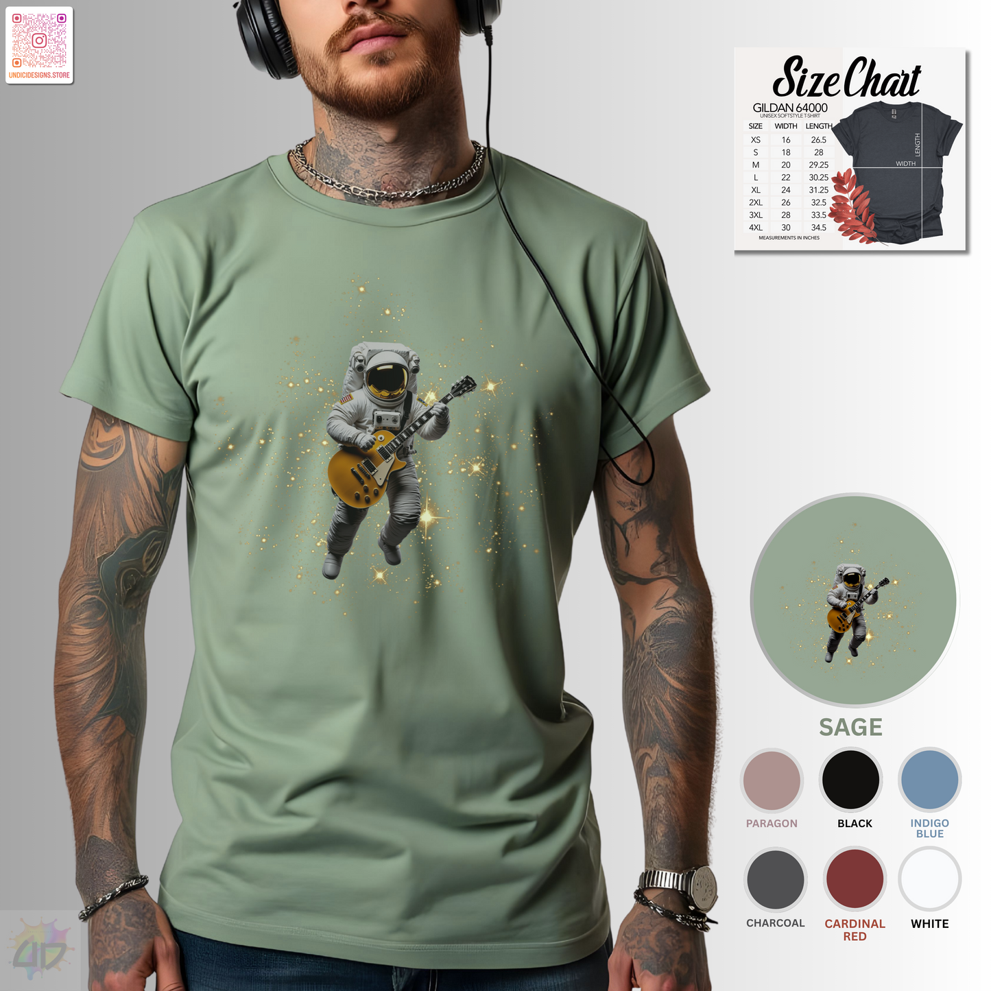 Astronaut in space playing guitar graphic tee.