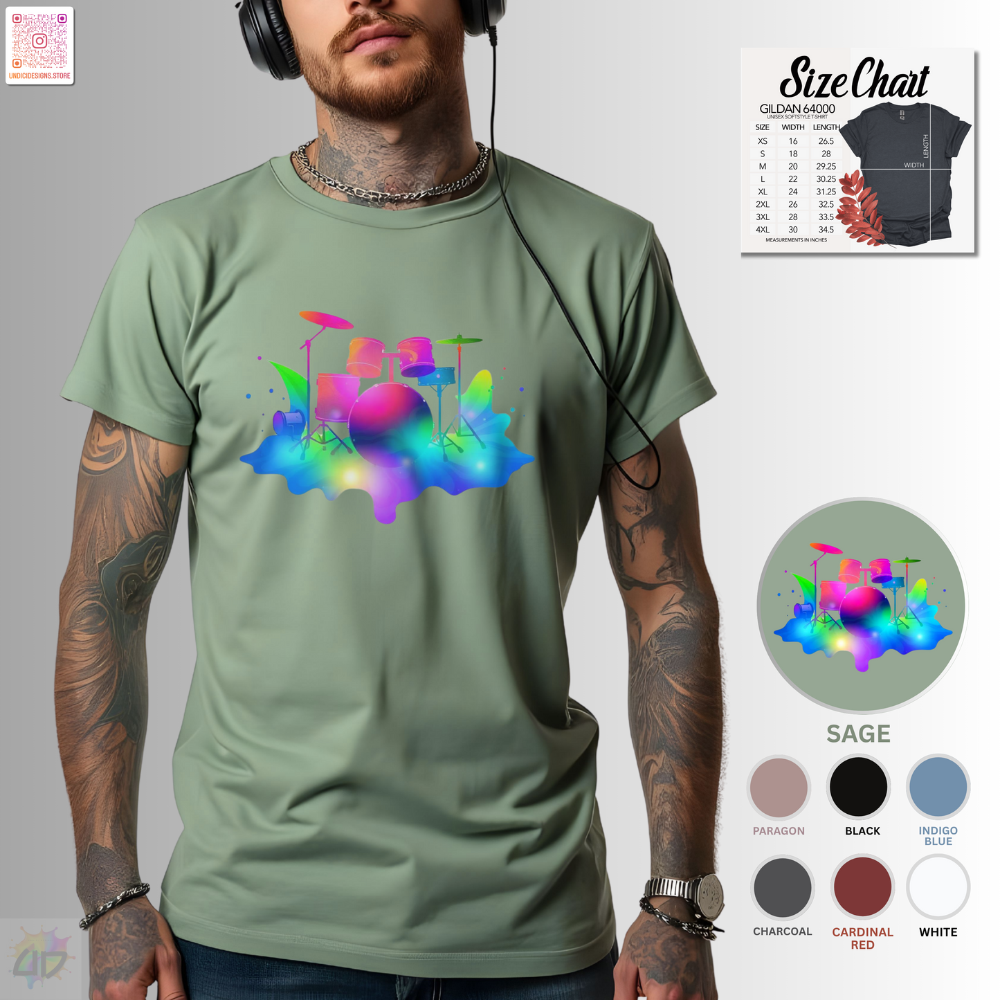 Colorful drum set in a vibrant splash graphic tee.