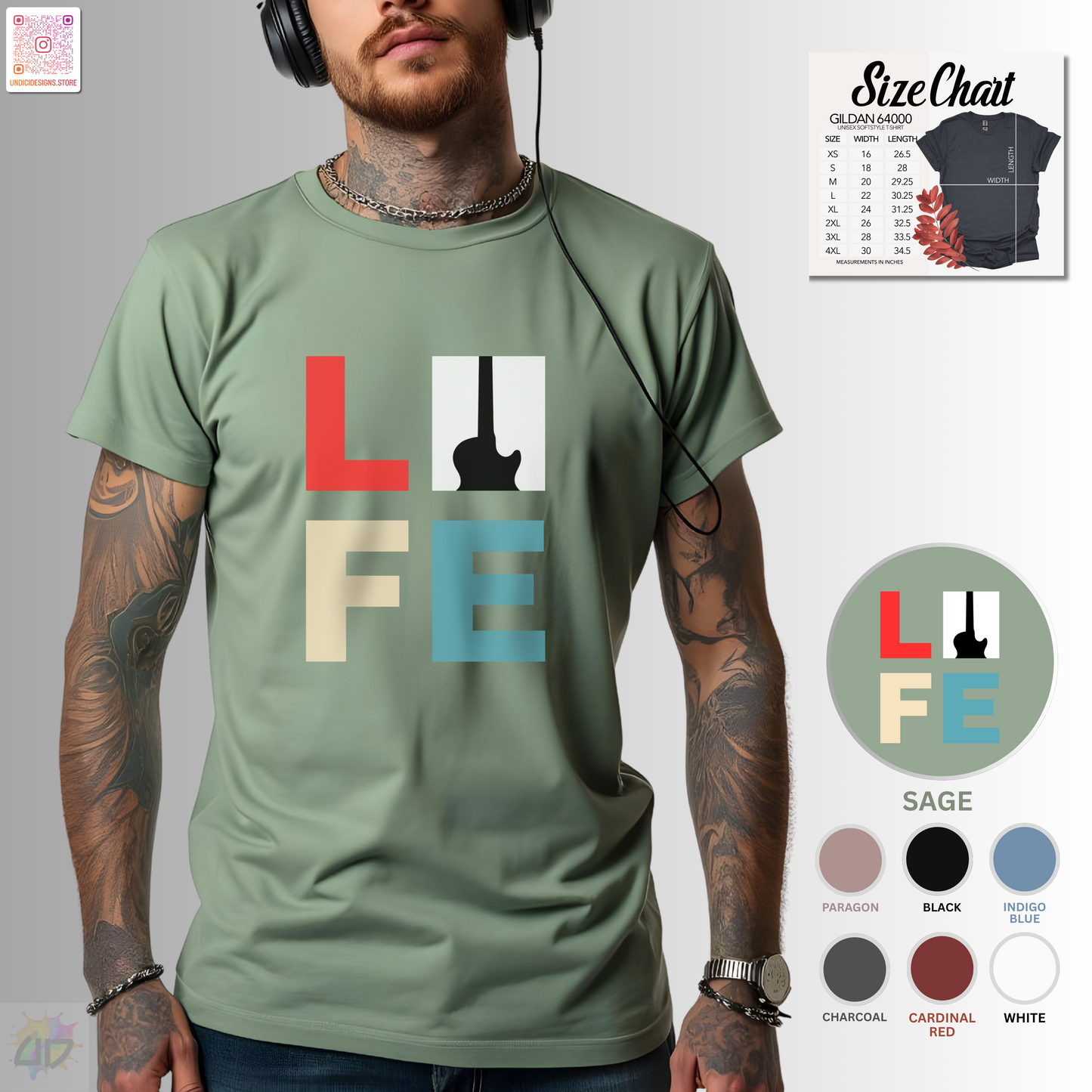"LIFE" in color with guitar graphic tee.
