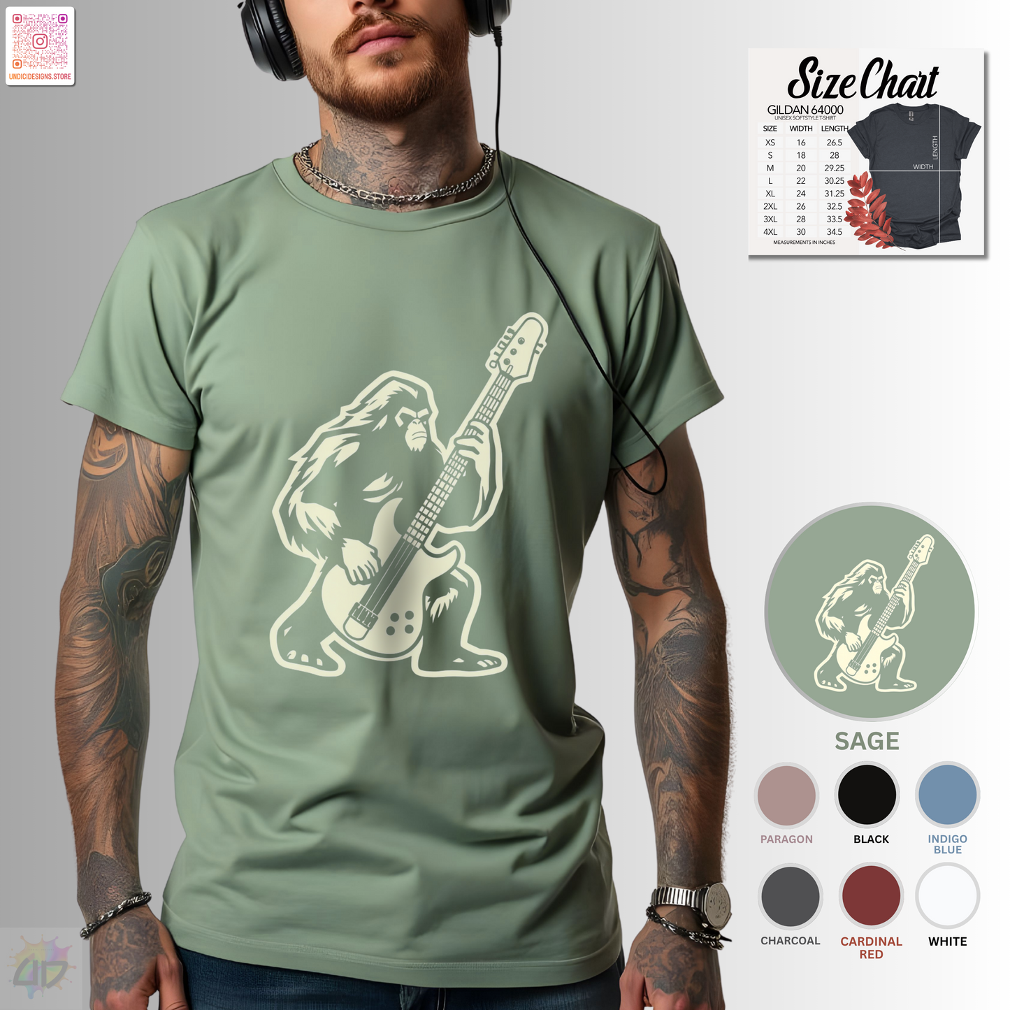 Bass-squatch silhouette in a cream-colored graphic tee.