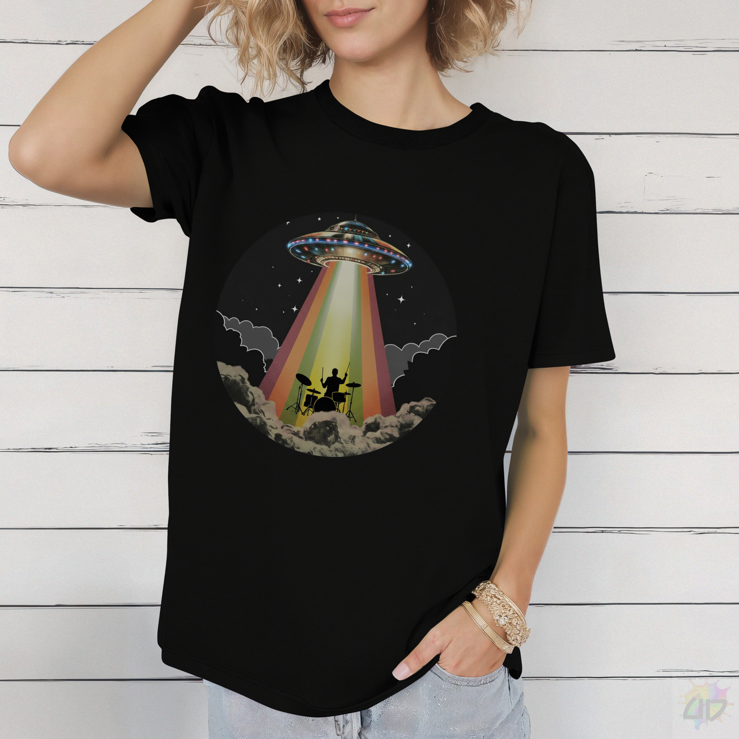 Drummer Being Abducted in a Retro Beam Graphic Tee.