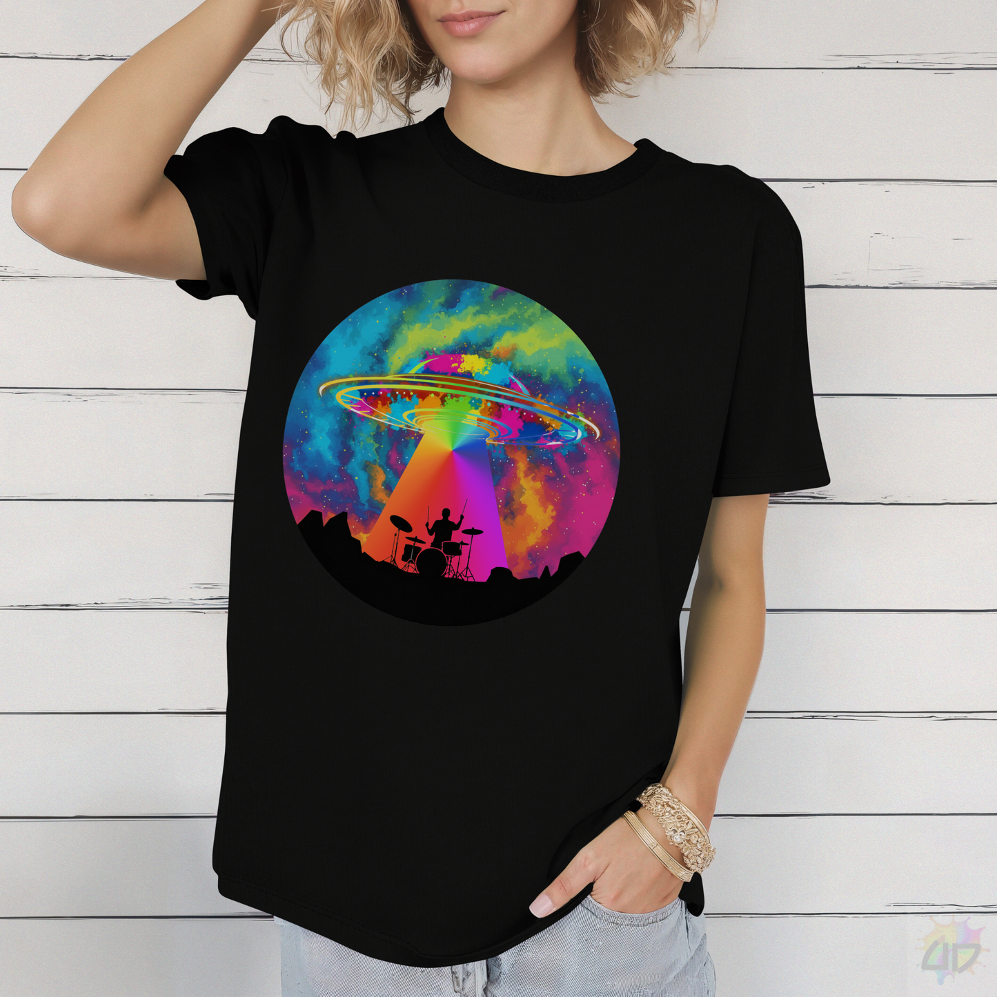 Drummer Being Abducted in a Psychedelic Beam Graphic Tee.
